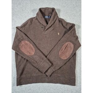 Polo Ralph Lauren Pullover Sweater Shawl Collar Knit Brown Large Elbow Patches